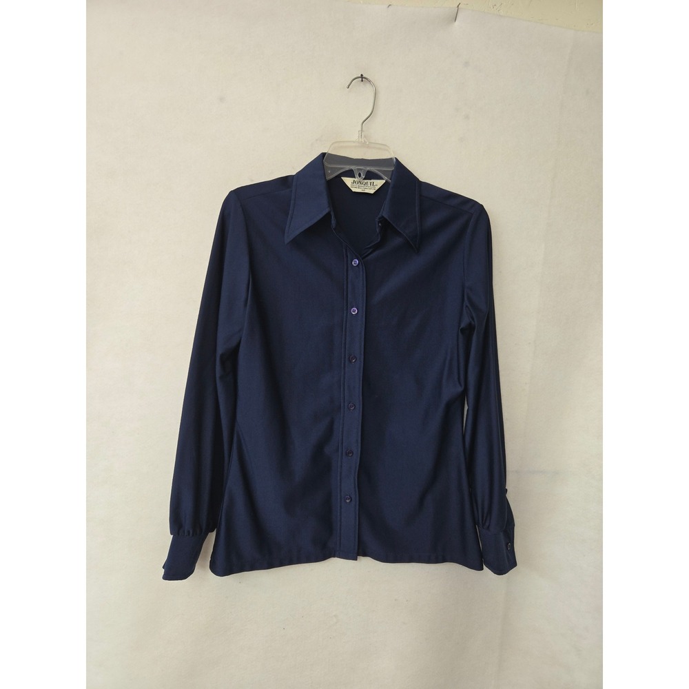 Jonquil Blouse Womens 12 Navy Blue Vintage 70s Qiana Nylon Long Sleeve Button Up